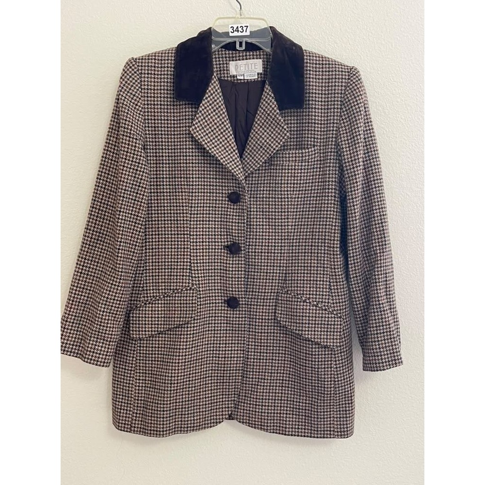 Petite Sophisticate Brown Houndstooth Blazer Velvet Collar Wool Blend Size 12P